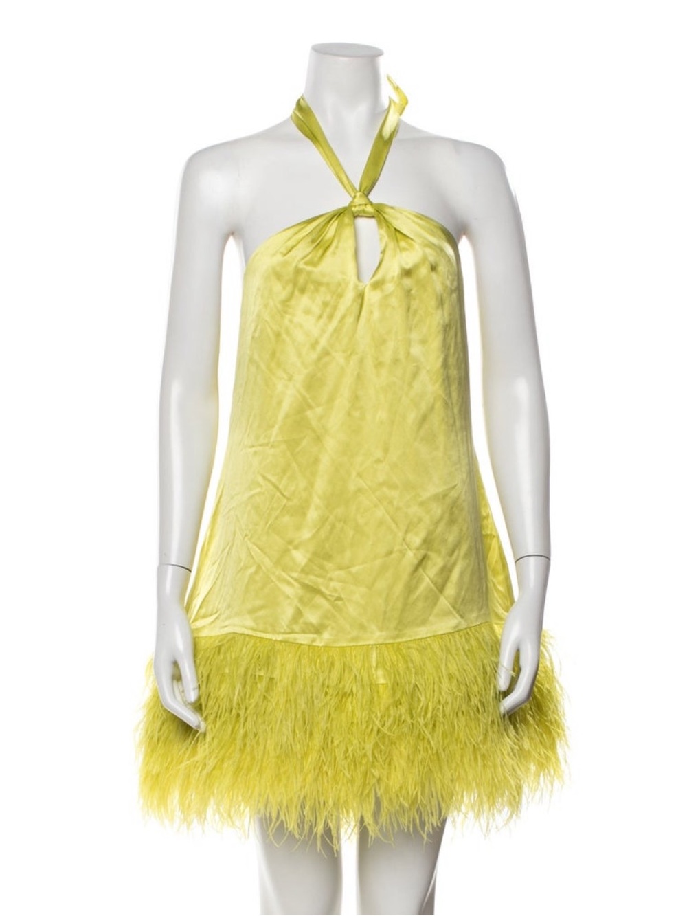 ISO ❣️ cinq a sept Lime Halter Silk Mini Dress with Feather Hem